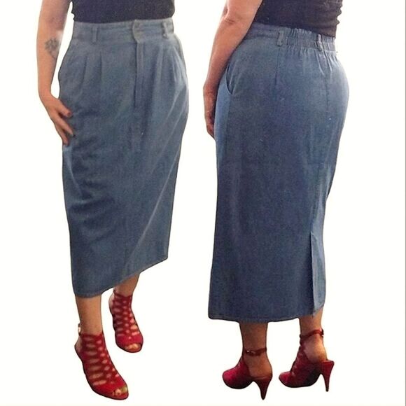 VTG 70s High Waist Straight Midi Jean Skirt with Slit Size 14 *Fits like Large - Picture 1 of 16